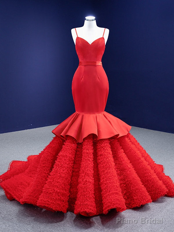 Red Mermaid Satin Tulle Spaghetti Straps Prom Dress Main image