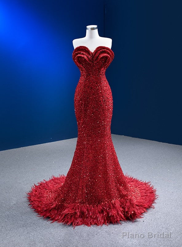 Red Mermaid Sequins Sweetheart Prom Dress With Feather Main image
