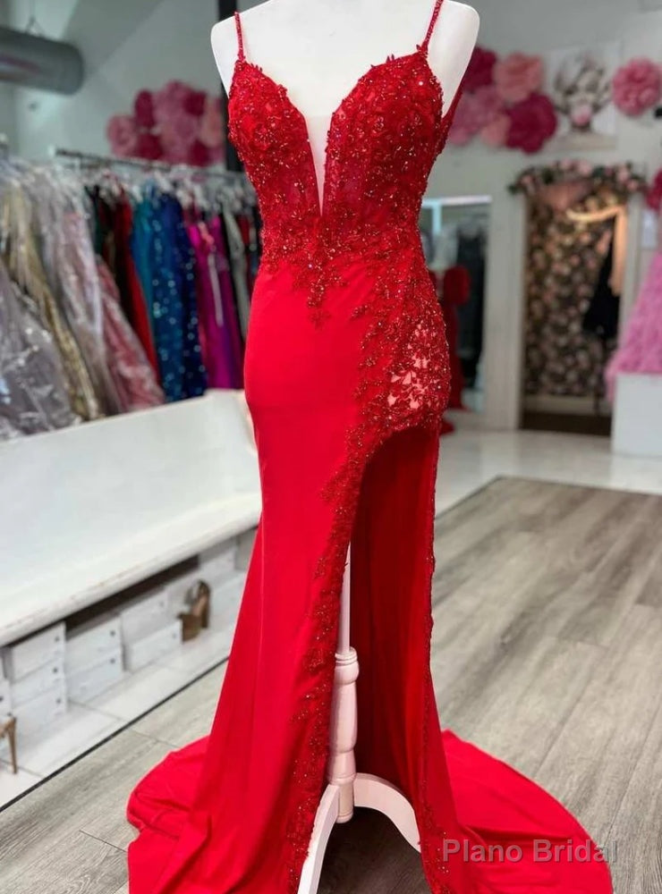 Red Mermaid Spaghetti Straps Appliques Beading prom Dress Main image
