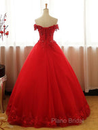 Red Off Shoulder Long Party Dresses, A-Line Tulle Formal Dresses Formal Gown