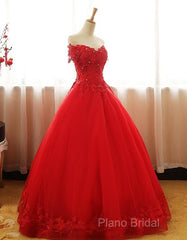 Red Off Shoulder Long Party Dresses, A-Line Tulle Formal Dresses Formal Gown
