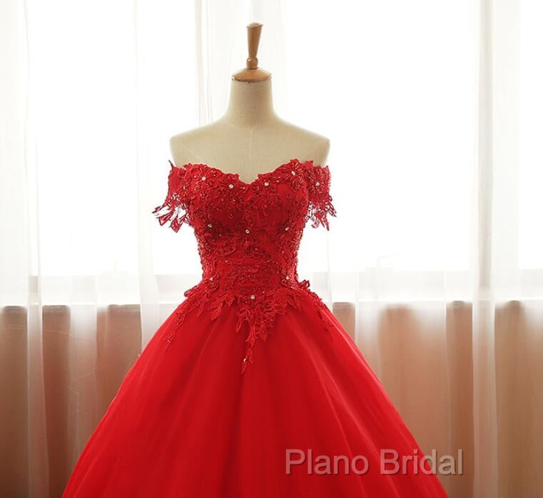 Red Off Shoulder Long Party Dresses, A-Line Tulle Formal Dresses Formal Gown