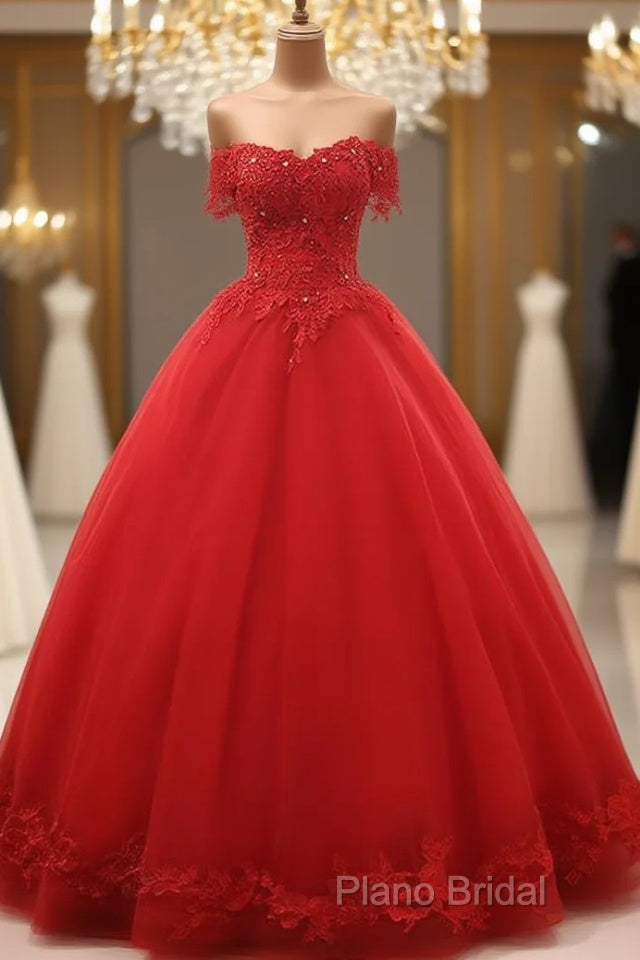 Red Off Shoulder Long Party Dresses, A-Line Tulle Formal Dresses Formal Gown Main image