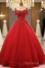 Red Off Shoulder Long Party Dresses, A-Line Tulle Formal Dresses Formal Gown