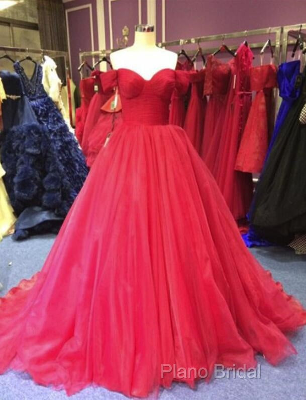 Red Off Shoulder Tulle Formal Prom Gown, Sweet 16 Party Gown, Charming Red Formal Dresses Secondary image