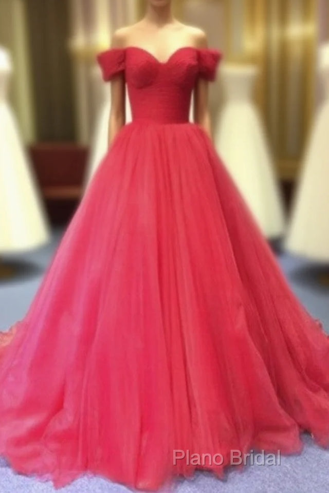 Red Off Shoulder Tulle Formal Prom Gown, Sweet 16 Party Gown, Charming Red Formal Dresses Main image