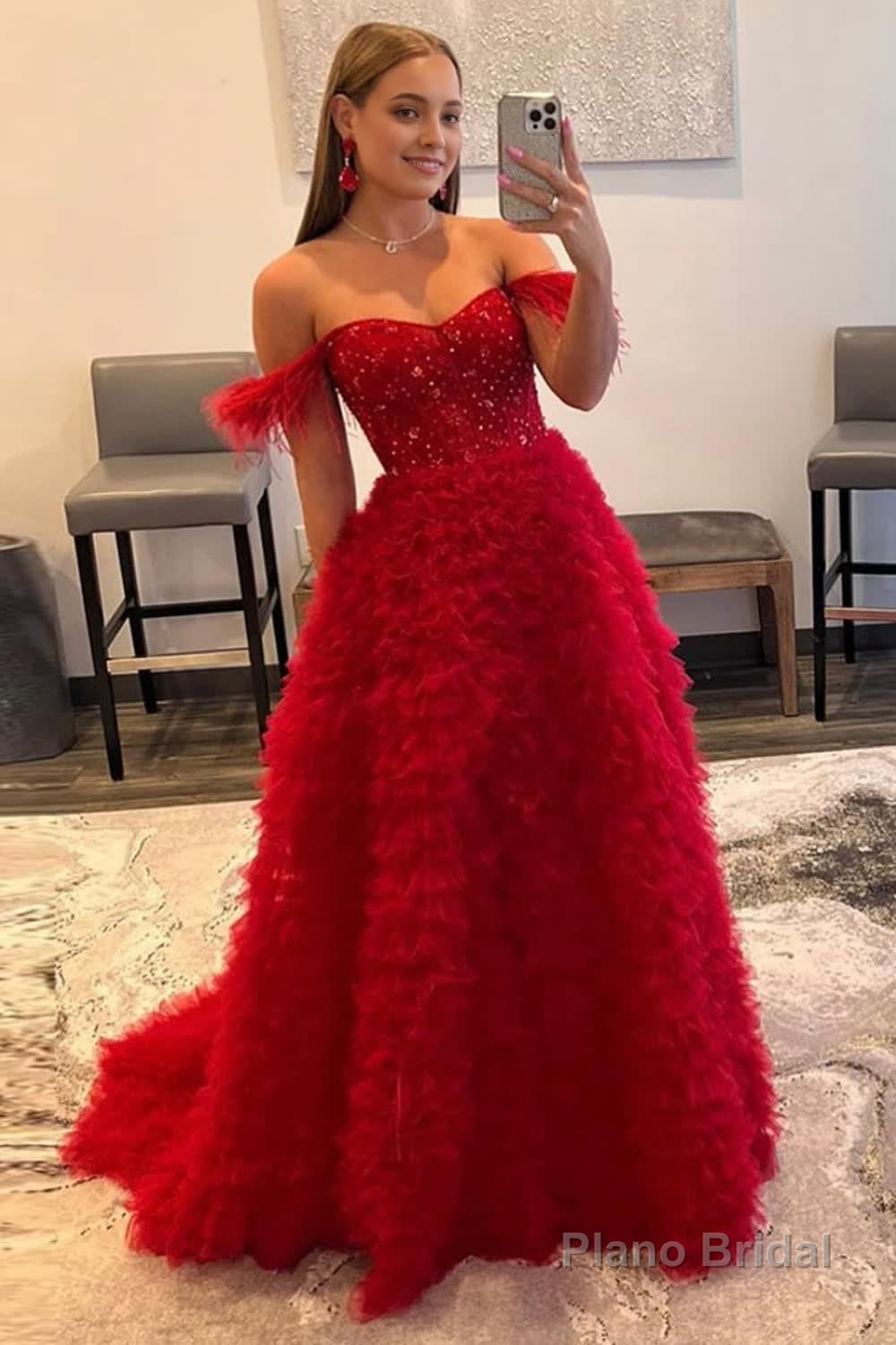 Red Off the Shoulder A-Line Princess Prom Dress Main image