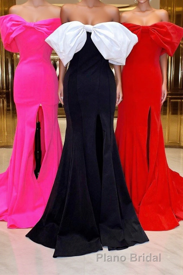 Red Off-the-Shoulder Bow Mermaid Formal Prom Gown with Slit
