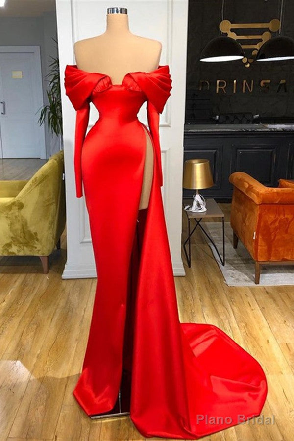 Red Off-the-Shoulder Long Sleeves Prom Dress Mermaid With High Split Main image