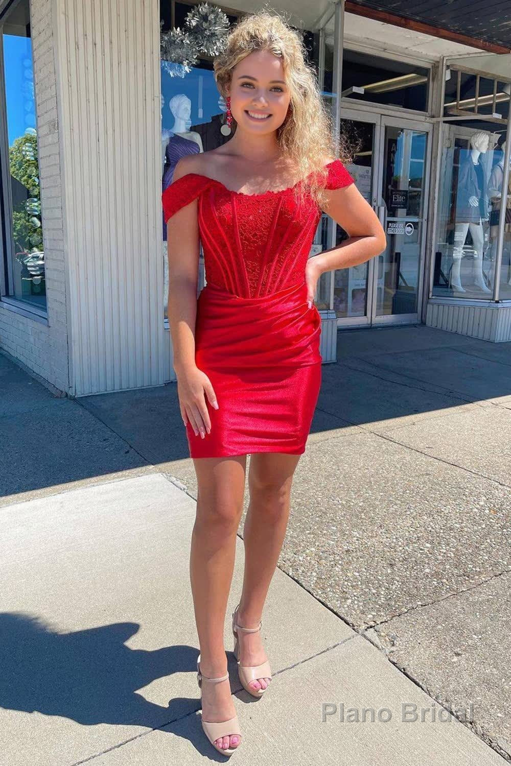 Red Off the Shoulder Tight Short Homecoming Dress with Lace Main image