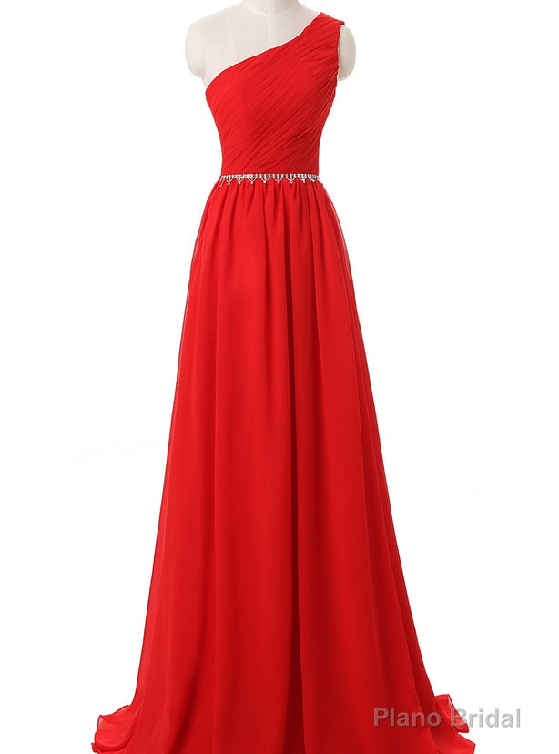 Red One Shoulder Chiffon Pleats Floor Length Prom Dresses