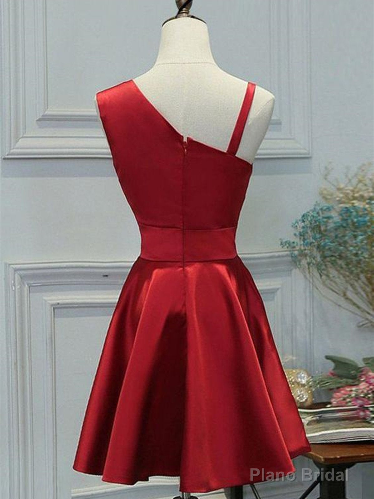 Red One Shoulder Satin Knee Length Homecoming Dress Party Dress, Short Prom Dress Formal Dress Secondary image