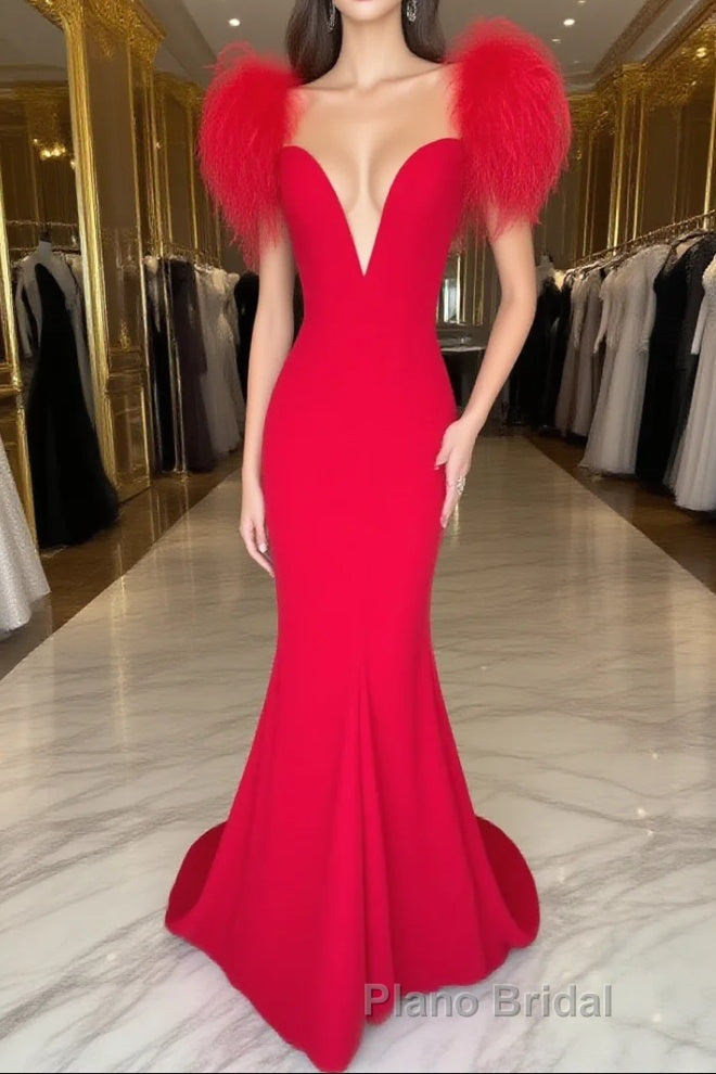 Red Formal Prom Dress Mermaid V Neck Long Party Evening Dress with Feathers Main image