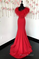 Red Formal Prom Dress Mermaid V Neck Long Party Evening Dress with Feathers