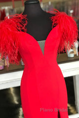 Red Prom Dress Mermaid V Neck Long Party Evening Dress with Feathers