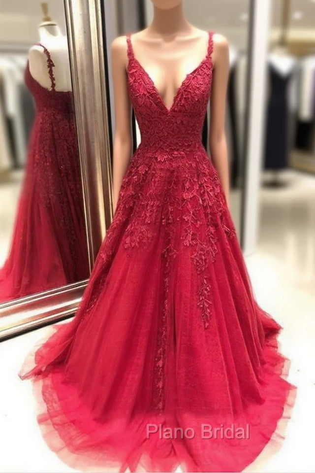 Red Formal Prom Dresses, A-line/Princess V Neck Sleeveless Sweep Train Tulle Formal Prom Dresses With Appliqued Main image
