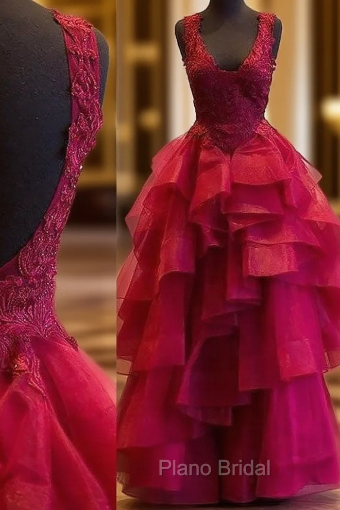 Red Formal Prom Dresses, Ball Gown Square Neckline Sleeveless Long/Floor-Length Organza Formal Prom Dresses With Ruffles Appliqued Beading