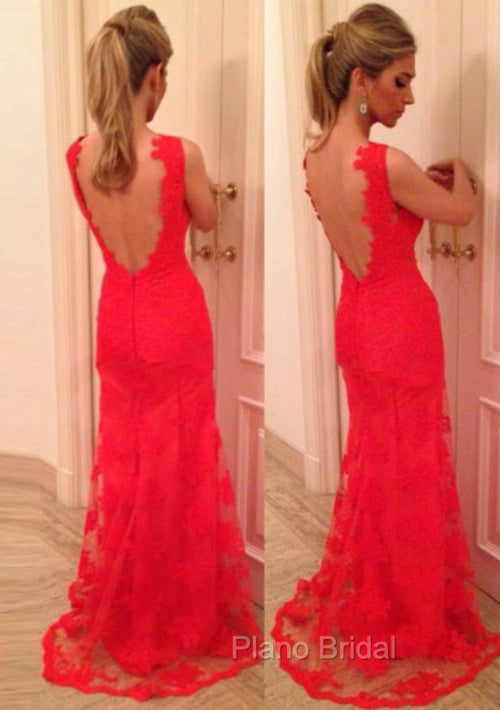 Red Formal Prom Dresses, Sheath/Column V Neck Sleeveless Sweep Train Lace Formal Prom Dresses With Appliqued