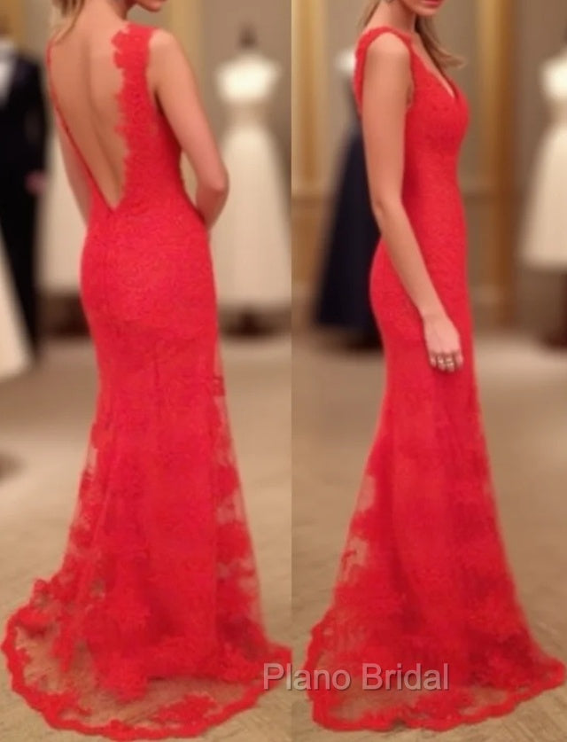 Red Formal Prom Dresses, Sheath/Column V Neck Sleeveless Sweep Train Lace Formal Prom Dresses With Appliqued Main image
