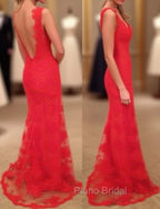 Red Formal Prom Dresses, Sheath/Column V Neck Sleeveless Sweep Train Lace Formal Prom Dresses With Appliqued