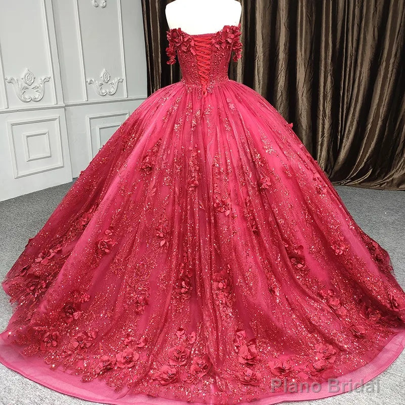 Red Quinceanera Dress Ball Gown Sequined Flowers Secondary image