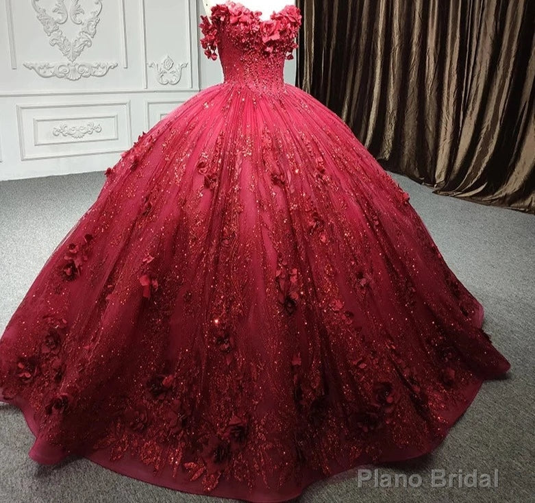 Red Quinceanera Dress Ball Gown Sequined Flowers Main image