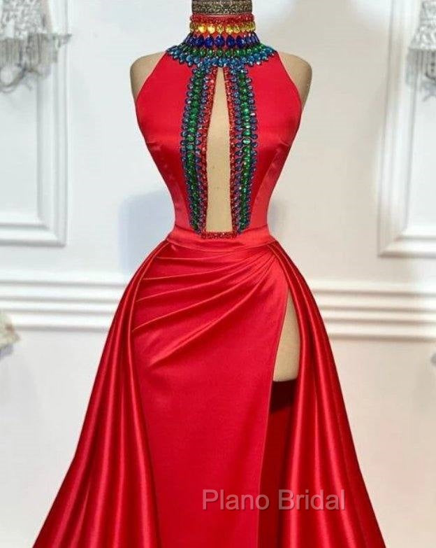 Red Robe De Soiree A-Line High Collar Satin Crystals Slit Sexy Long Formal Prom Dresses Formal Prom Gown Evening Dresses Secondary image
