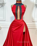 Red Robe De Soiree A-Line High Collar Satin Crystals Slit Sexy Long Formal Prom Dresses Formal Prom Gown Evening Dresses