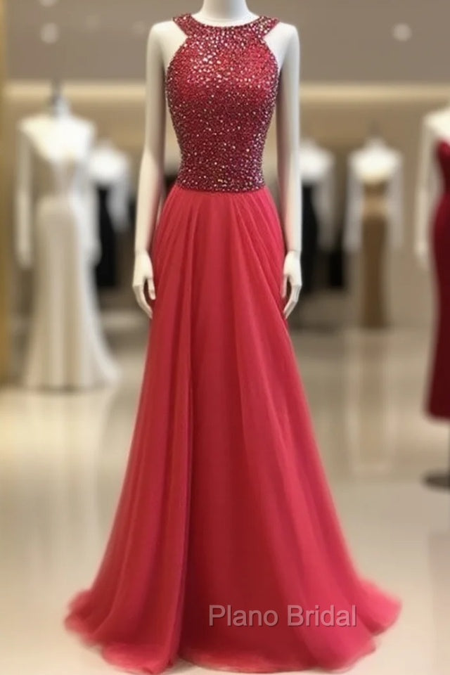 Red Round Neck Long Formal Prom Dresses, Red Evening Dresses