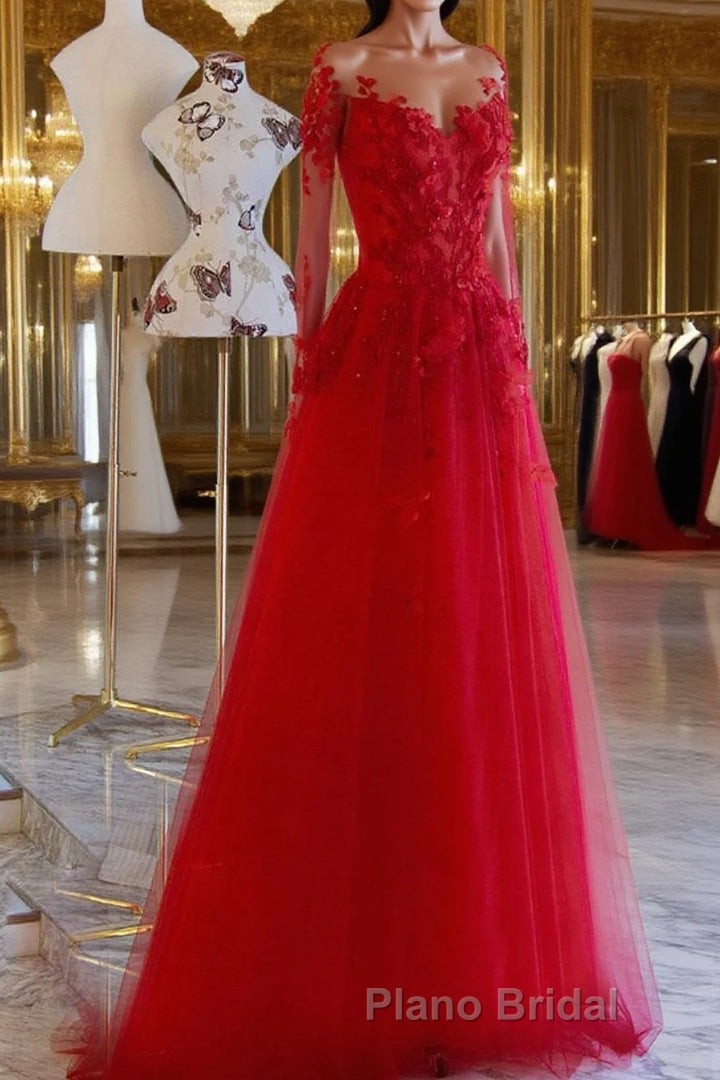 Red round neck tulle lace long Formal Prom dress, red evening dress Main image
