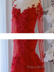 Red round neck tulle lace long Formal Prom dress, red evening dress