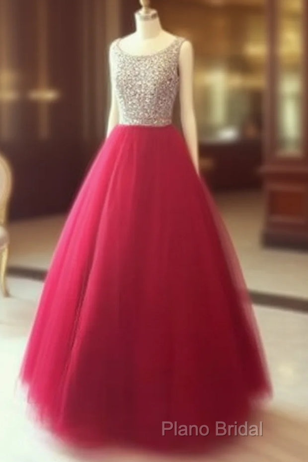 Red Round Neck Tulle Rhinestones Long Formal Prom Dresses, Red Formal Dresses