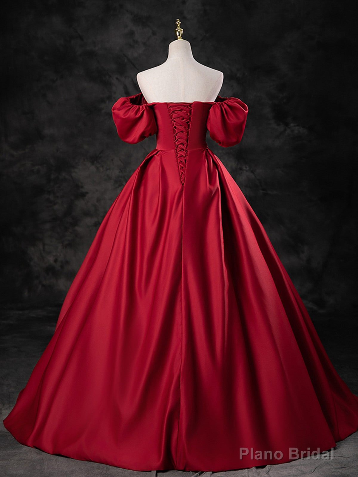 Red Satin A-line Short Sleeves Long Prom Dress, Red Long Formal Dress Evening Dress Secondary image