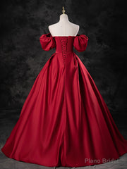 Red Satin A-line Short Sleeves Long Prom Dress, Red Long Formal Dress Evening Dress