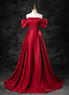 Red Satin A-line Short Sleeves Long Prom Dress, Red Long Formal Dress Evening Dress