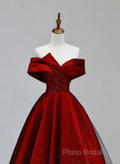 Red Satin And Black Tulle A-Line Off Shoulder Party Dresses, Simple A-Line Formal Prom Dresses