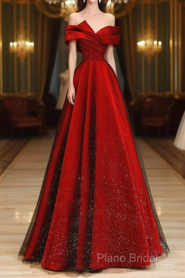 Red Satin And Black Tulle A-Line Off Shoulder Party Dresses, Simple A-Line Formal Prom Dresses