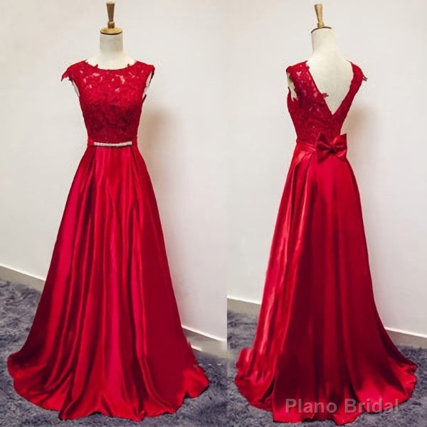 Red Satin and Lace Round Neckline Evening Gown, A-line Formal Gown Main image