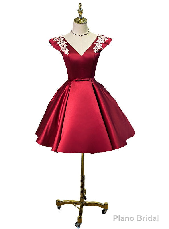 Red Satin Cap Sleeve V-neck Homecoming Dresses