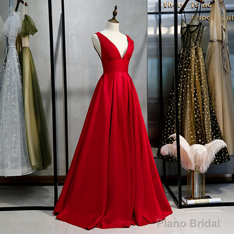 Red Satin Deep V-neckline Prom Gown, Red Floor Length Evening Gown Main image