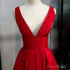 Red Satin Deep V-neckline Prom Gown, Red Floor Length Evening Gown