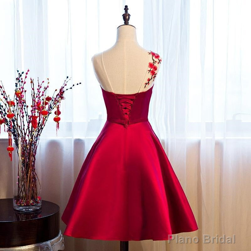 Red Satin Knee Length Party Dress, Cute Bridesmaid Dress Secondary image
