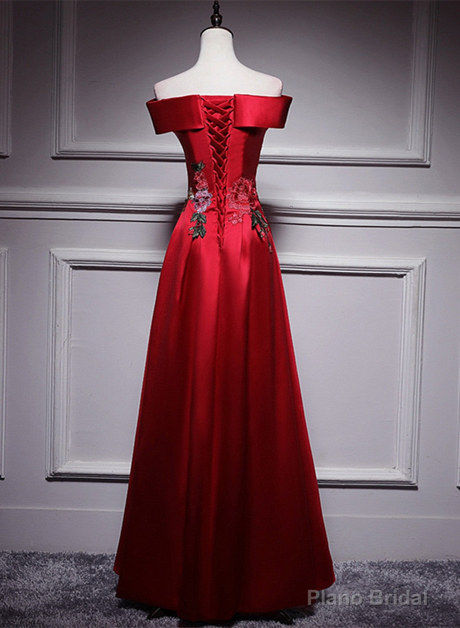 Red Satin Long A-line Prom Dress Off Shoulder Party Dress, Red Bridesmaid Dress Secondary image