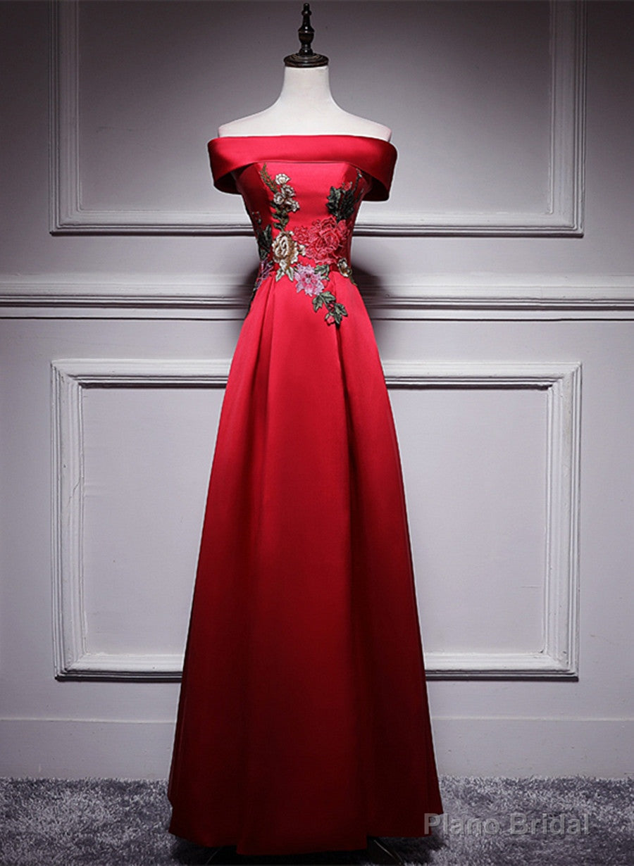 Red Satin Long A-line Prom Dress Off Shoulder Party Dress, Red Bridesmaid Dress Main image