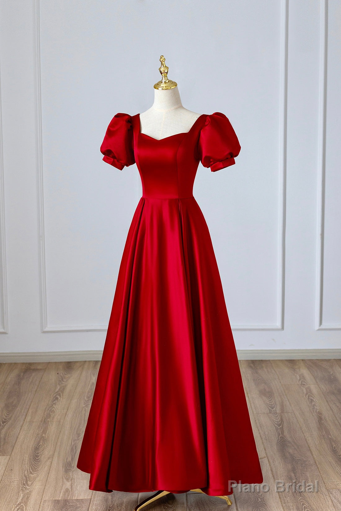 Red Satin Long Prom Dress, Simple A-Line Short Sleeve Evening Party Dress Main image