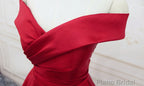 Red Satin Off Shoulder Handmade Long Formal Dress, Handmade Red Formal Gown