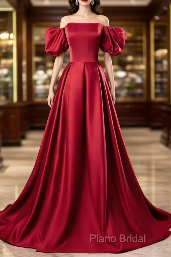 Red Satin Off Shoulder Long Simple A-Line Wedding Party Dresses, Red Long Formal Dresses