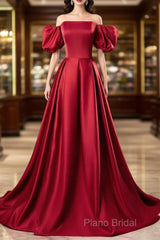 Red Satin Off Shoulder Long Simple A-Line Wedding Party Dresses, Red Long Formal Dresses