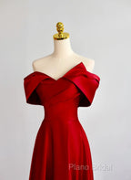 Red Satin Off Shoulder Sweetheart Long Party Dresses, Red Satin Formal Prom Dresses
