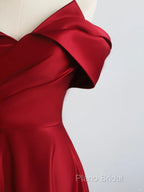 Red Satin Off Shoulder Sweetheart Long Party Dresses, Red Satin Formal Prom Dresses